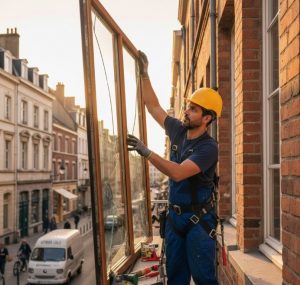 vitrier avec un casque jaune sur la tête qui répare un fenêtre dehors au premier étage en pleine rue