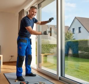 vitrier mouvaux souriant en train de travailler avec le sourir sur le pose d'une vitre