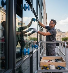 vitrier seclin qui retire une vitre délicatement à l'extérieur