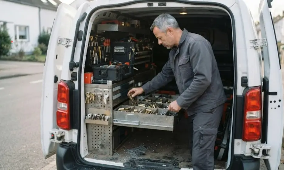 Artisan serrurier professionnel préparant son matériel de dépannage dans son utilitaire, spécialisé en intervention rapide pour porte claquée à Lille.