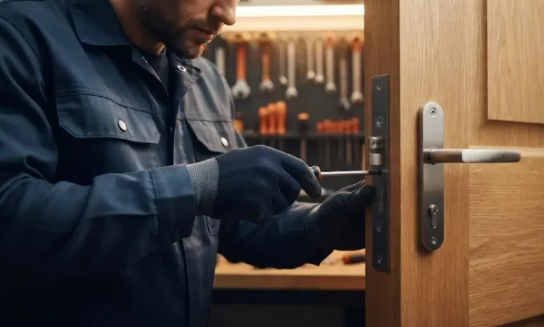 Gros plan sur les mains d'un serrurier portant des gants, utilisant un tournevis pour réparer et ajuster une serrure de porte suite à une urgence de porte claquée à Lille.